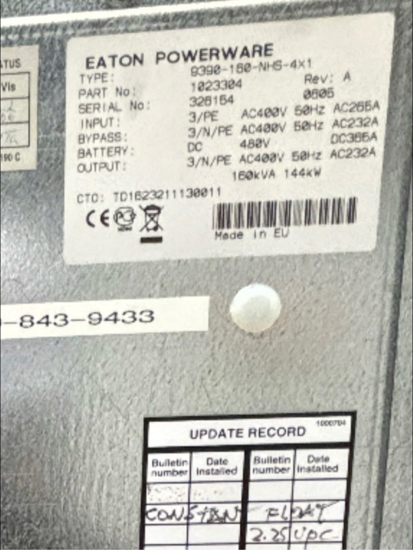 Eaton Powerware 9390-160-NHS-4X1 160kVA UPS 400V 50Hz 2 Battery CabinetsEaton Powerware 9390-160-NHS-4X1 Serial Number 326154 W/2 Battery Cabinets 3/ PE AC 400B 5