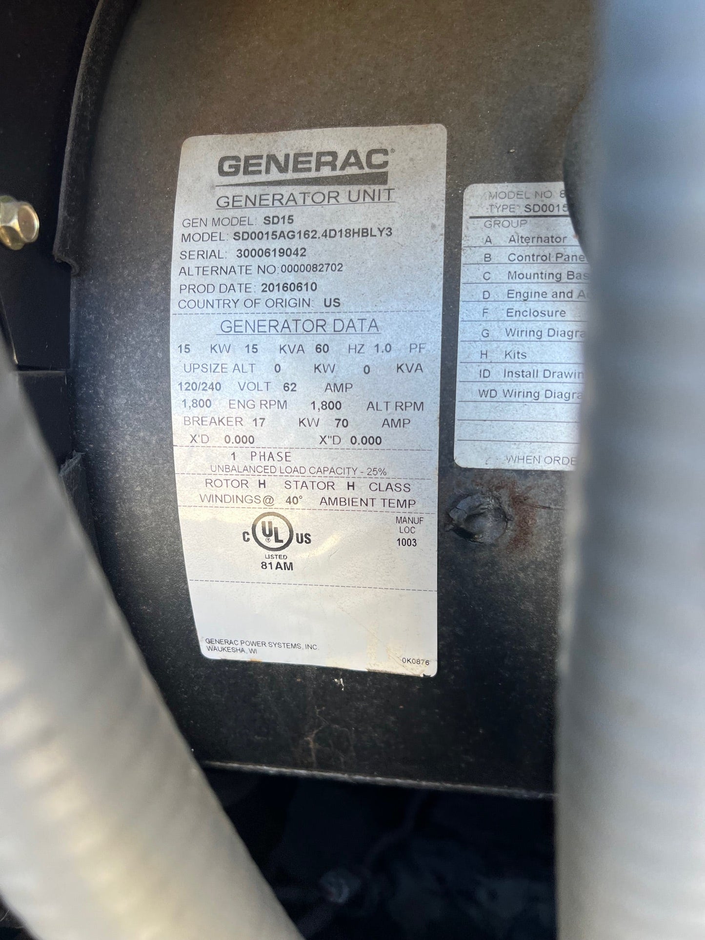 15KW Generac Industrial Generator 1PH Diesel Cummins 2400 Engine 100 Hrs 2016 TESTED