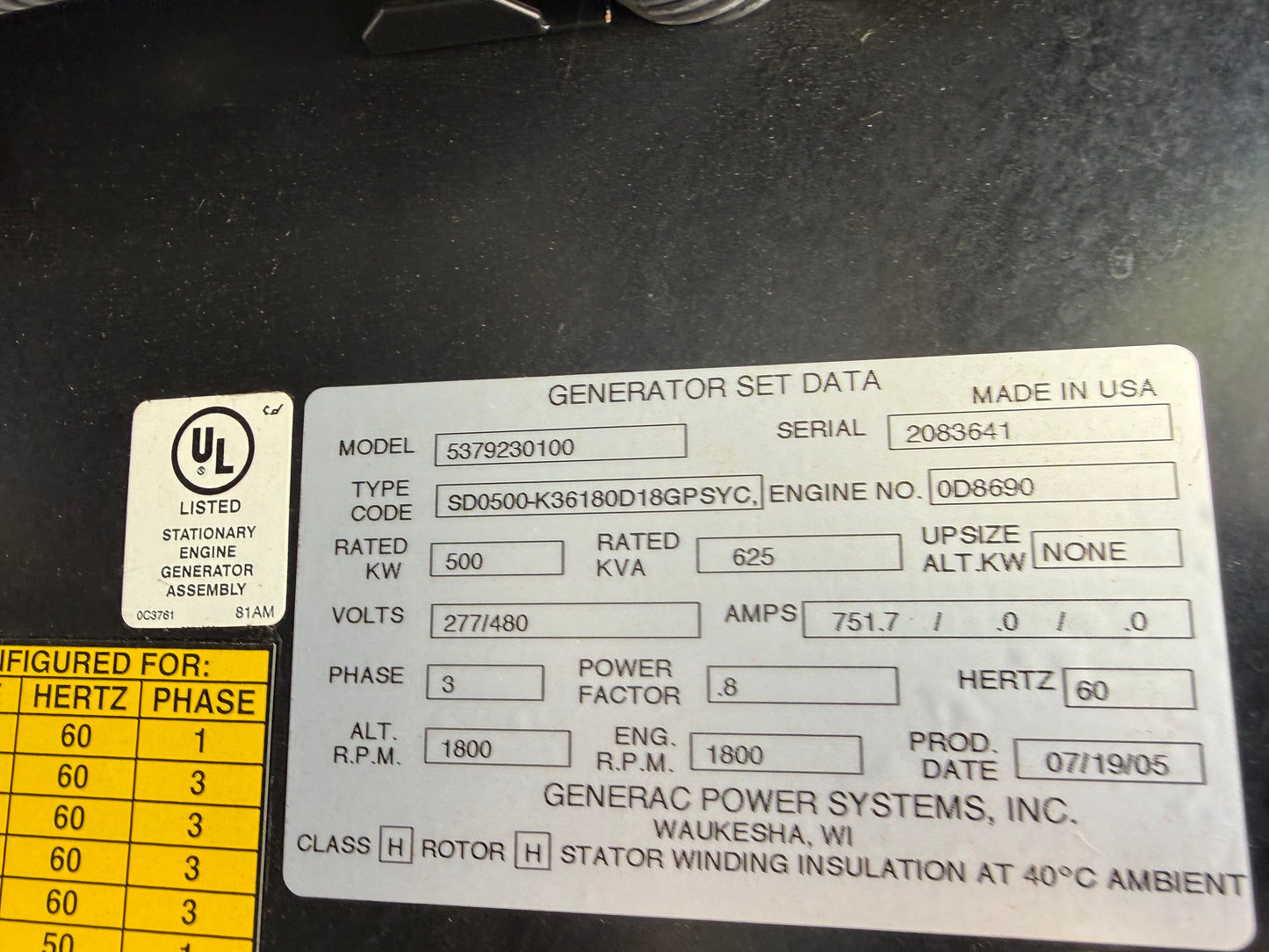 Generac 500kW Diesel Generator SD0500 277/480V 3 Phase Daewoo P180LE 792Hrs