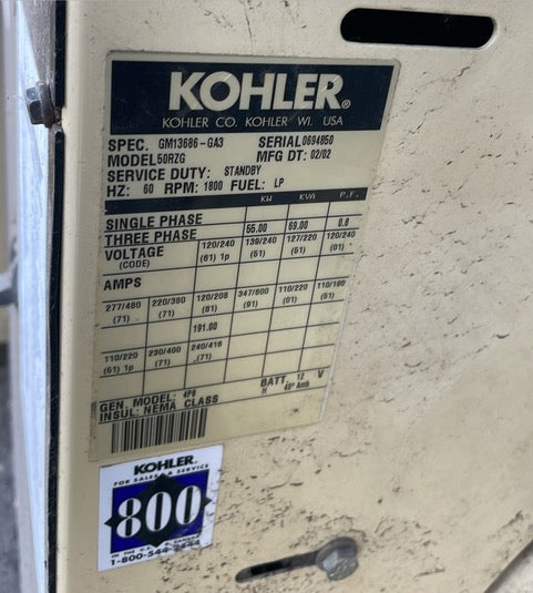 Kohler 50RZG 55kW LP Propane Generator 120/240V 1/3 Phase Enclosed Standby Power