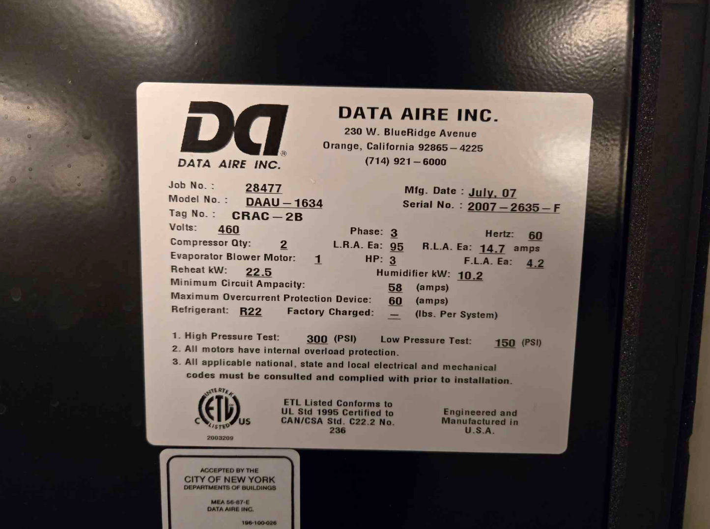 DataAire 3 Fan Condenser 460v 20 Ton