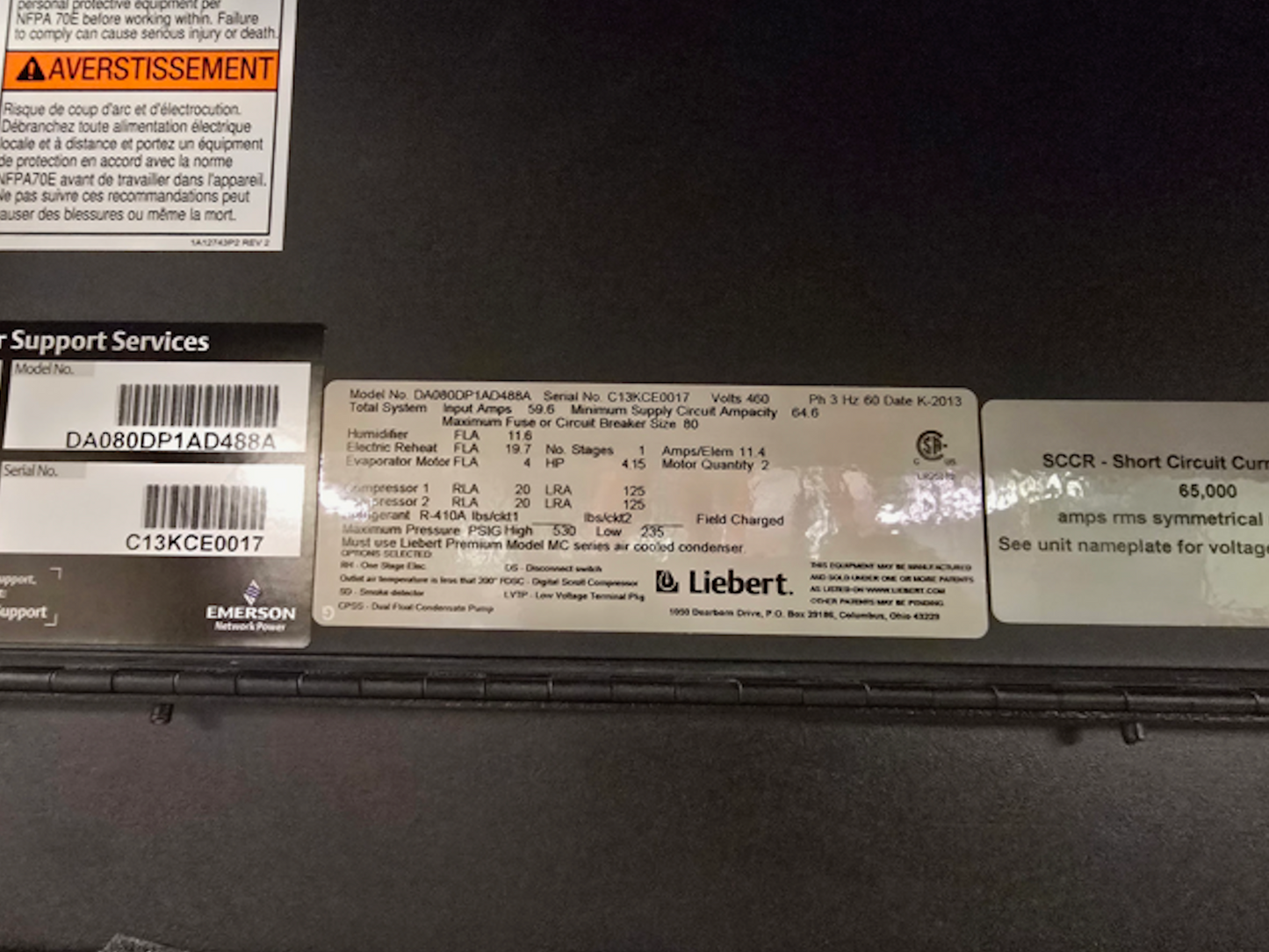 22 Ton Vertiv Liebert DA080D DX '13 CRAC 460 R-410A w/ Condenser