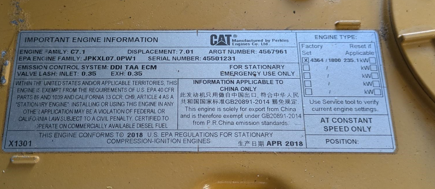 2018 Caterpillar D200-2 Diesel Generator 200kW 3-Phase / 150kW 1-Phase Cat C7.1 Engine 122hrs Quiet Enclosure 1640 Gal Tank