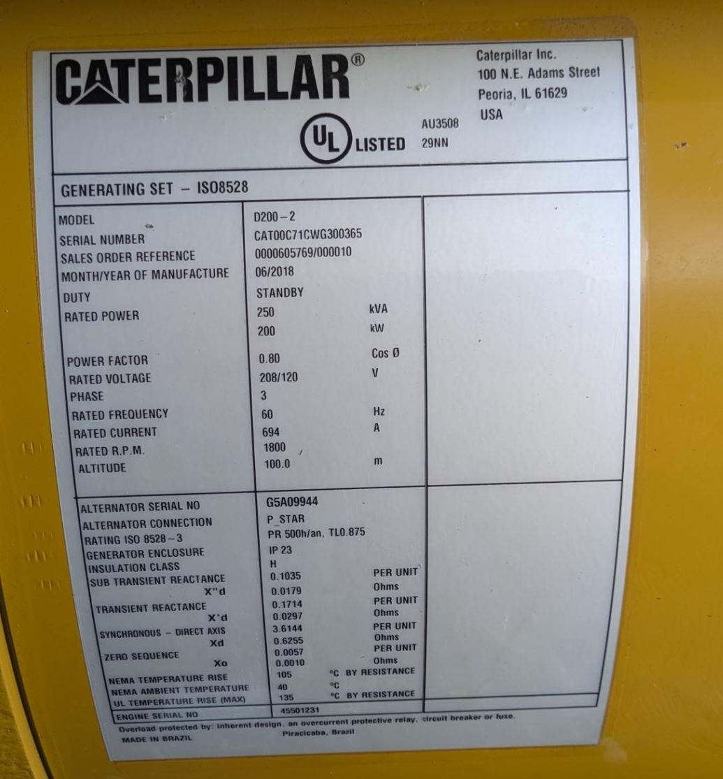 2018 Caterpillar D200-2 Diesel Generator 200kW 3-Phase / 150kW 1-Phase Cat C7.1 Engine 122hrs Quiet Enclosure 1640 Gal Tank