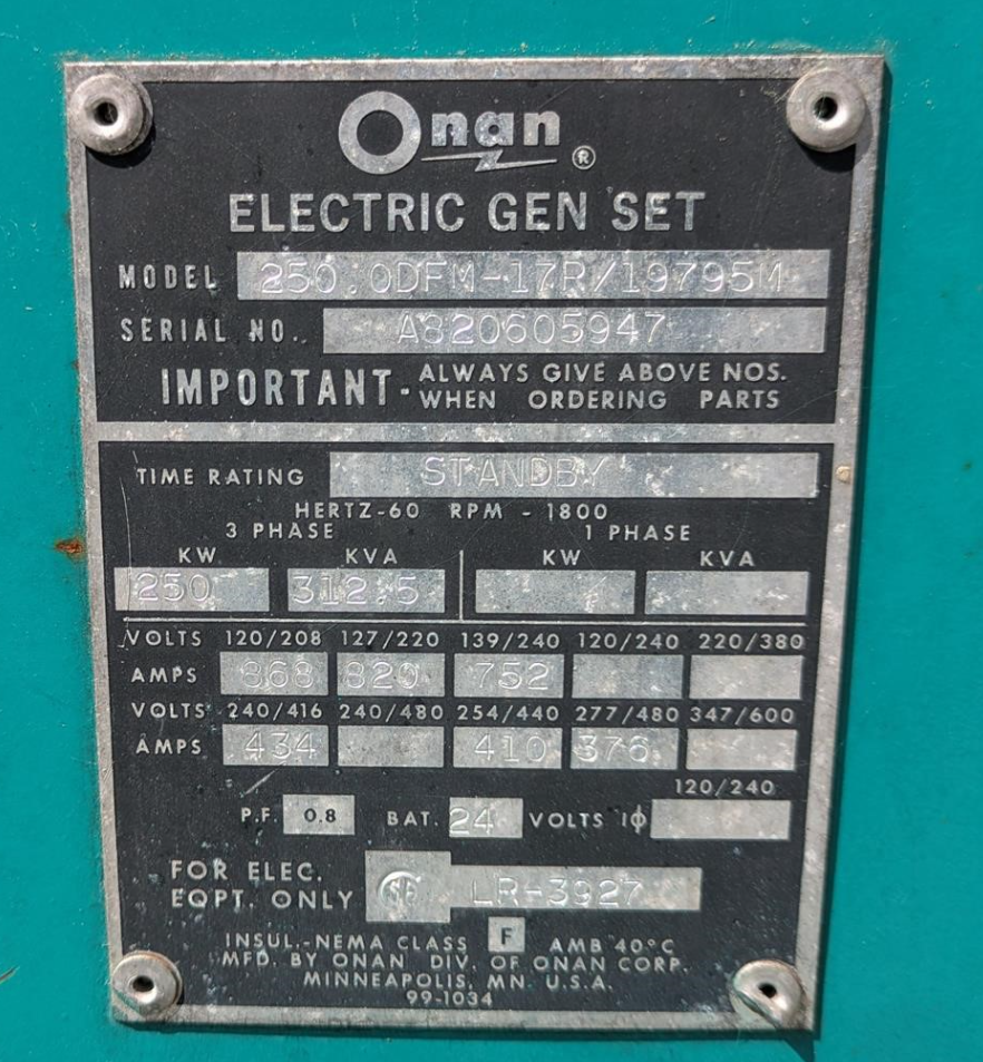 Cummins Diesel Generator Big-Cam NTA855-G 250kW 4623Hrs TESTED