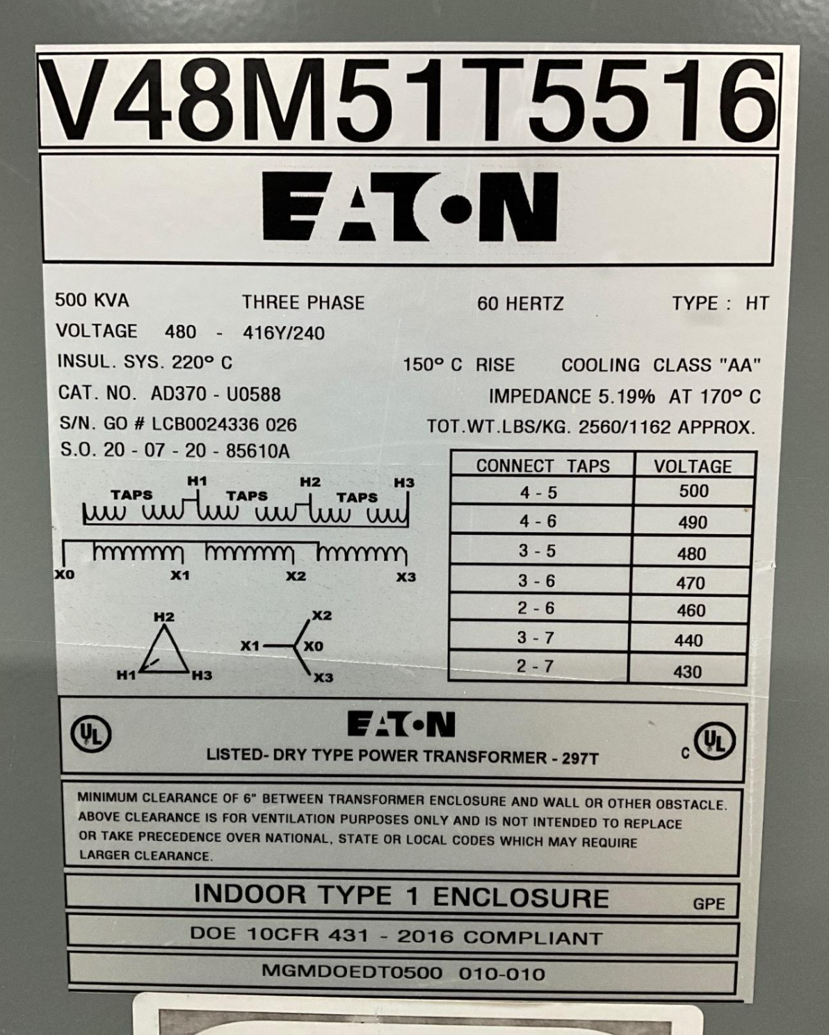 Eaton V48M51T5516 500 kVA Dry Type Transformer 3 Phase 480V to 416Y 240V DOE 2016