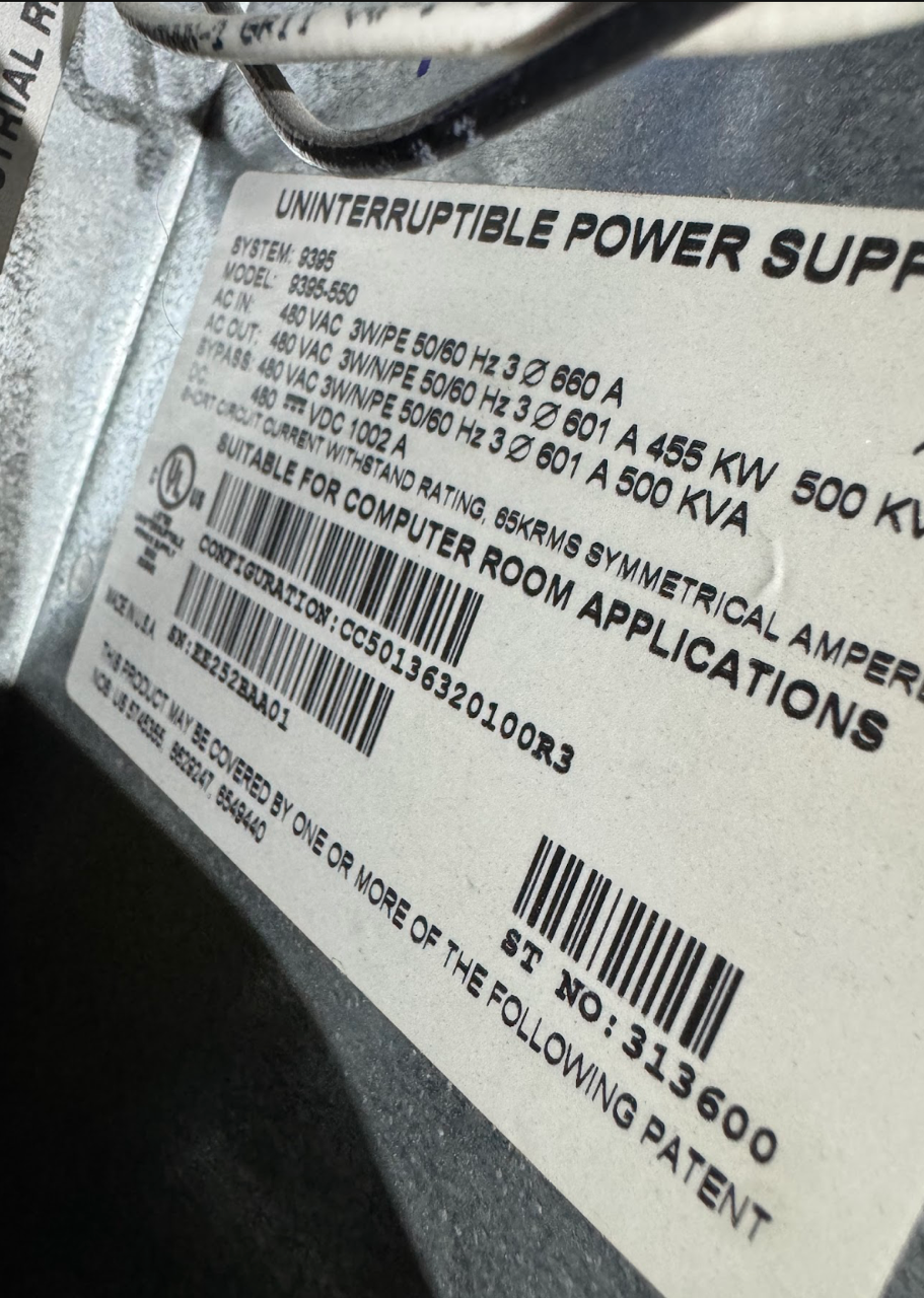Eaton Powerware 9395 500kVA 455kW 480V 3-Phase Industrial UPS 9395-550 EE252BAA01
