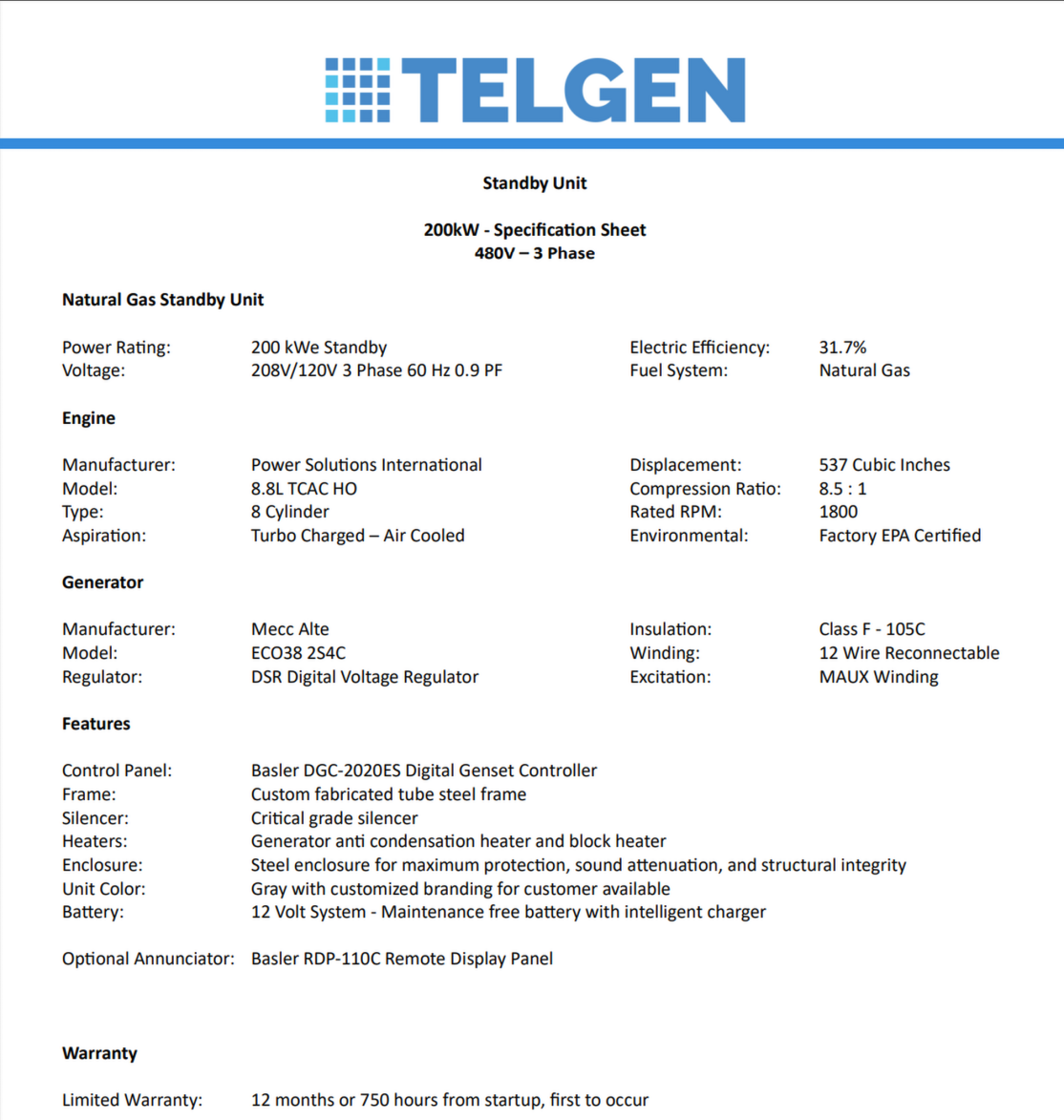 New 200KW Telgen PSI 8.8L Nat Gas LP Generator 12 Lead 1&3ph WARRANTY