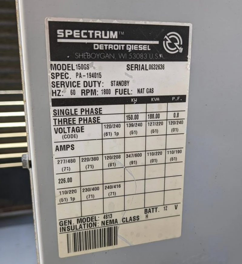 150KW SPECTRUM 150GS Nat Gas LP Generator 378hrs TESTED