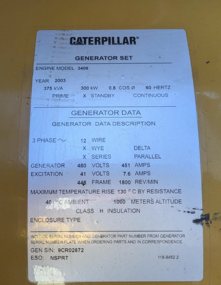 300kW CAT 3406 Diesel Generator 277/480 3ph '03 5477hrs TESTED