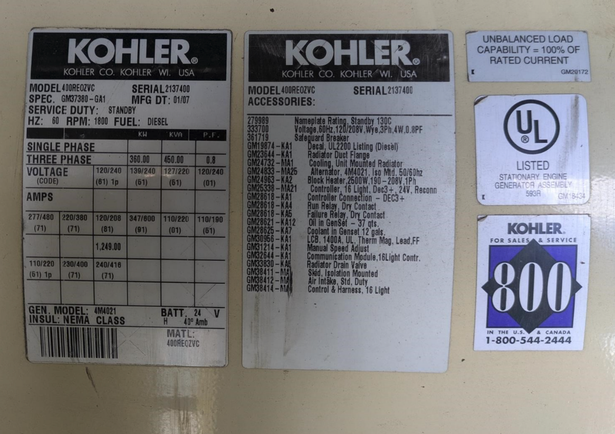 360KW Kohler Volvo Diesel Generator 3ph 120/208 210hrs '07 TESTED