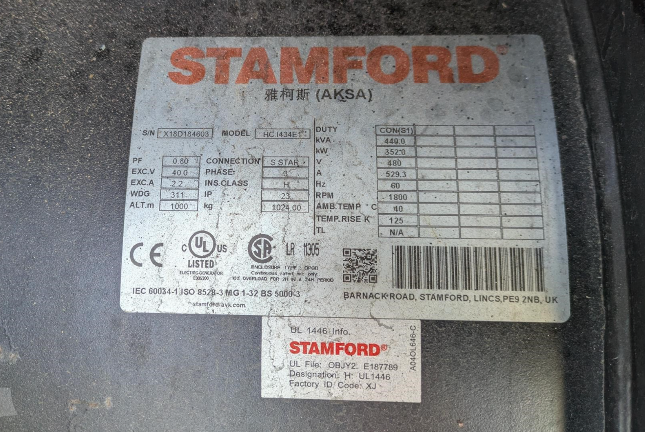 350KW Stamford Diesel Generator 277/480 3143hrs '19 TESTED