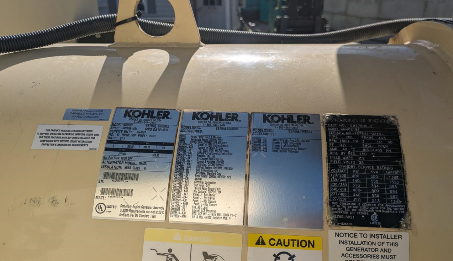 350KW Kohler 350ROZJ Diesel Generator 3ph 277/480 252Hrs '13 TESTED