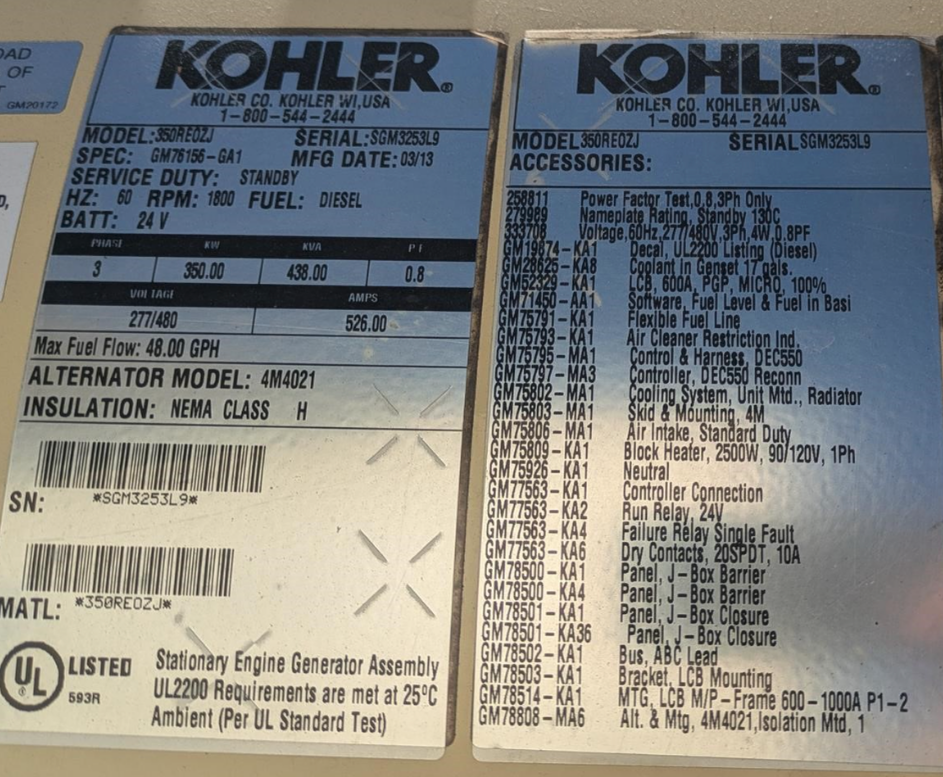 350KW Kohler 350ROZJ Diesel Generator 3ph 277/480 252Hrs '13 TESTED