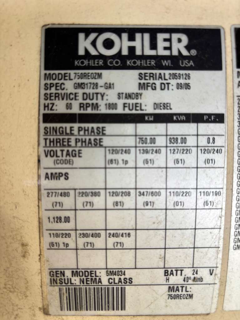 Kohler 750REOZM 750kW Diesel Generator 480V 3 Phase Low 324 Hrs Standby Enclosed