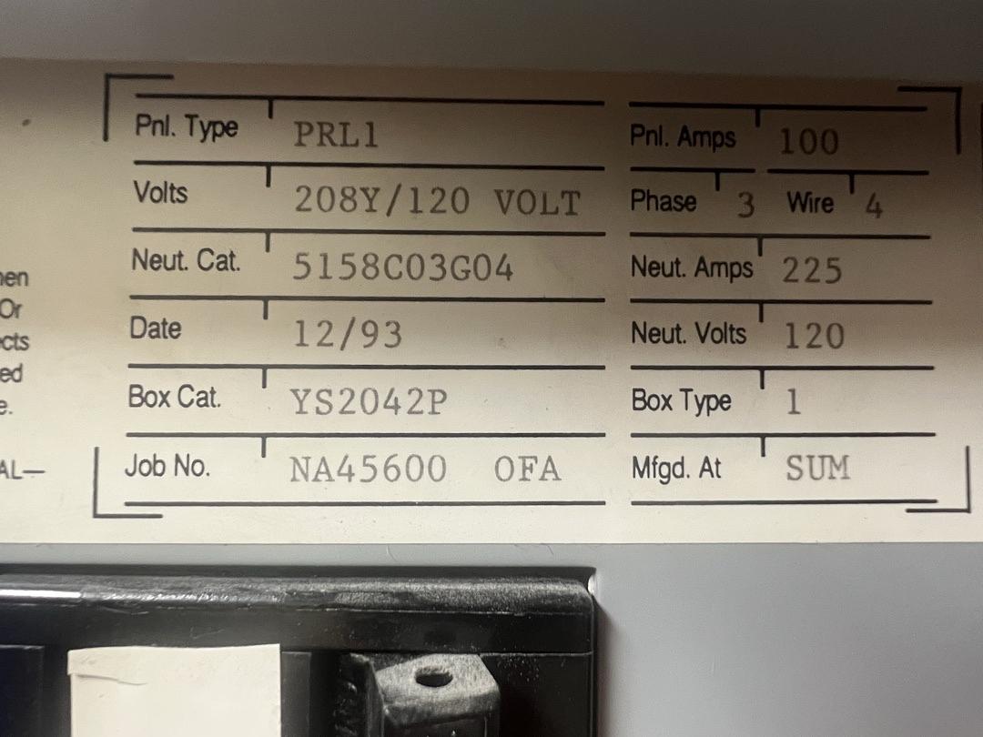 100A 120/208V 3PH PRL1 Panelboard 42 Circuit Neut. 225A (SKU: 13232)(S6LLST13232)
