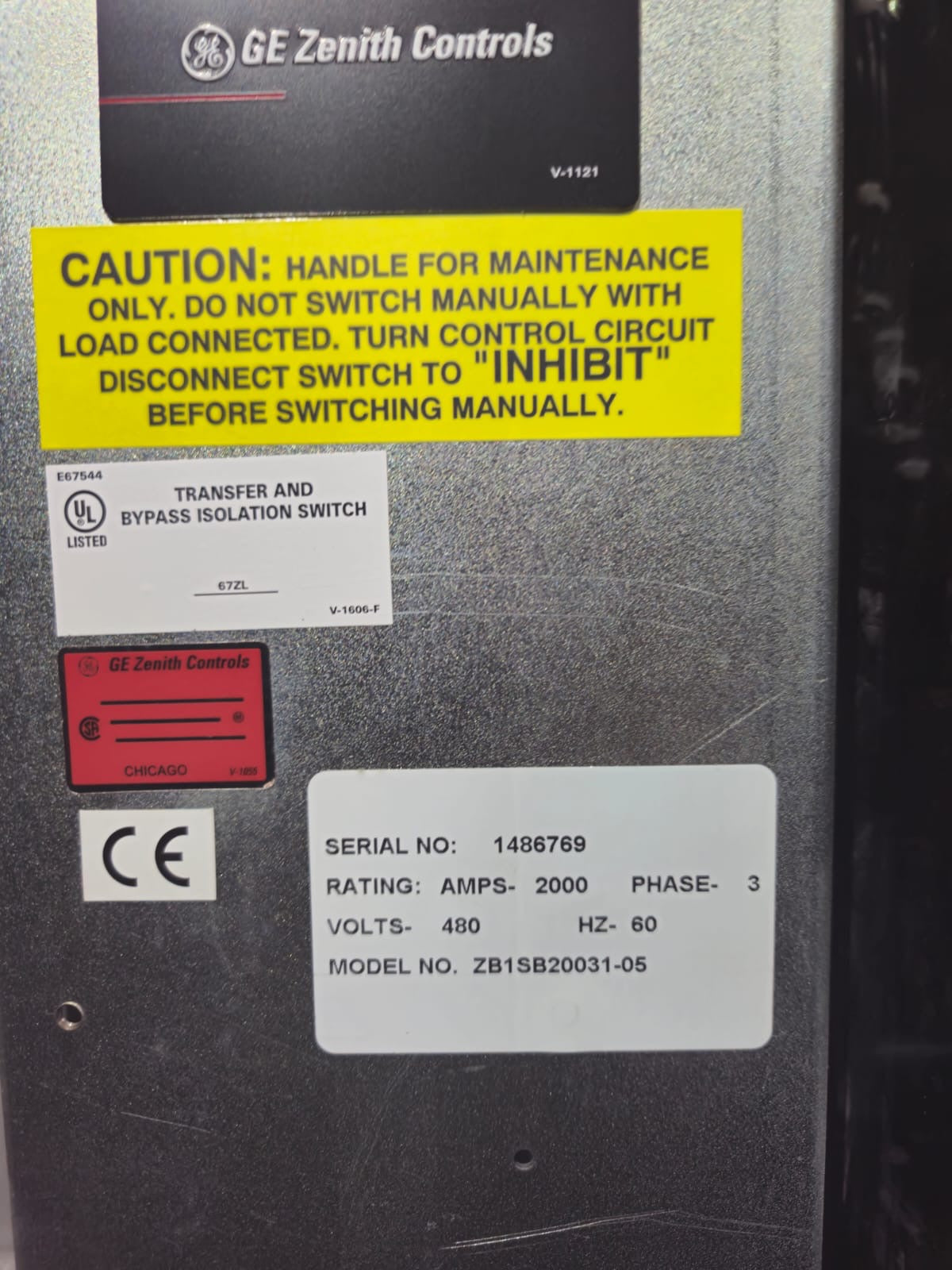 2000A 2500A GE Zenith ATS 480V 3Ph 3W Automatic Transfer Switch-92101