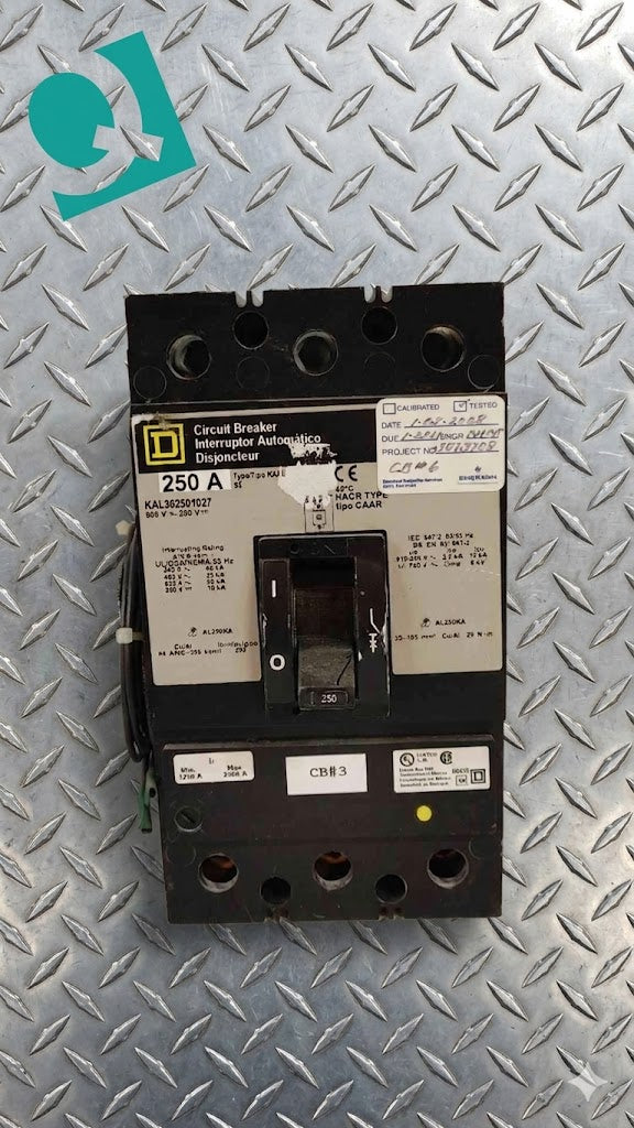 Square D 250A 3 Pole Circuit Breaker 600V 250V 22KA KAL362501027(104645)