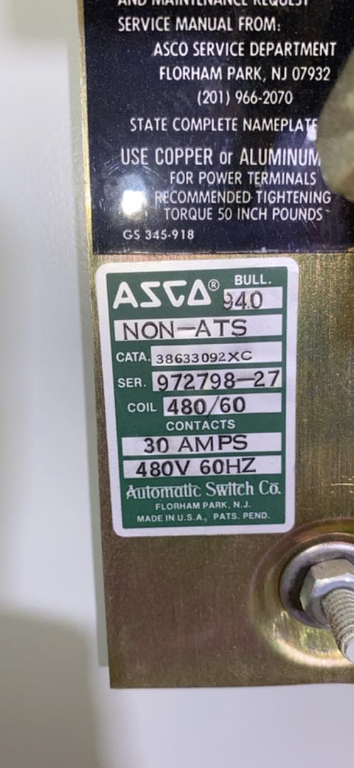 30A 480v ASCO 940 NonAutomatic Transfer Switch(S6LLST4096)