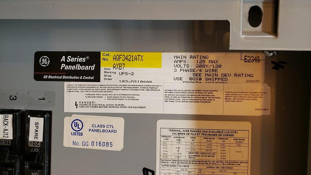GE 125A A Series Panel Board 208/120v 3Ph Loaded w/ Main(S6LLST12103)