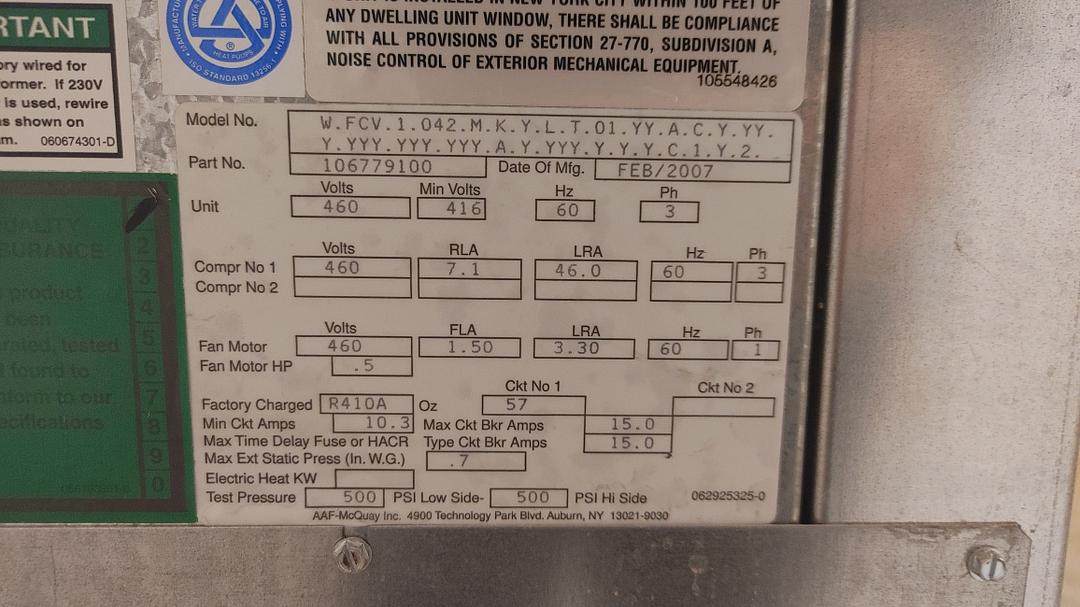 McQuay Air Conditioner 460v Upflow (S6LLST12809)