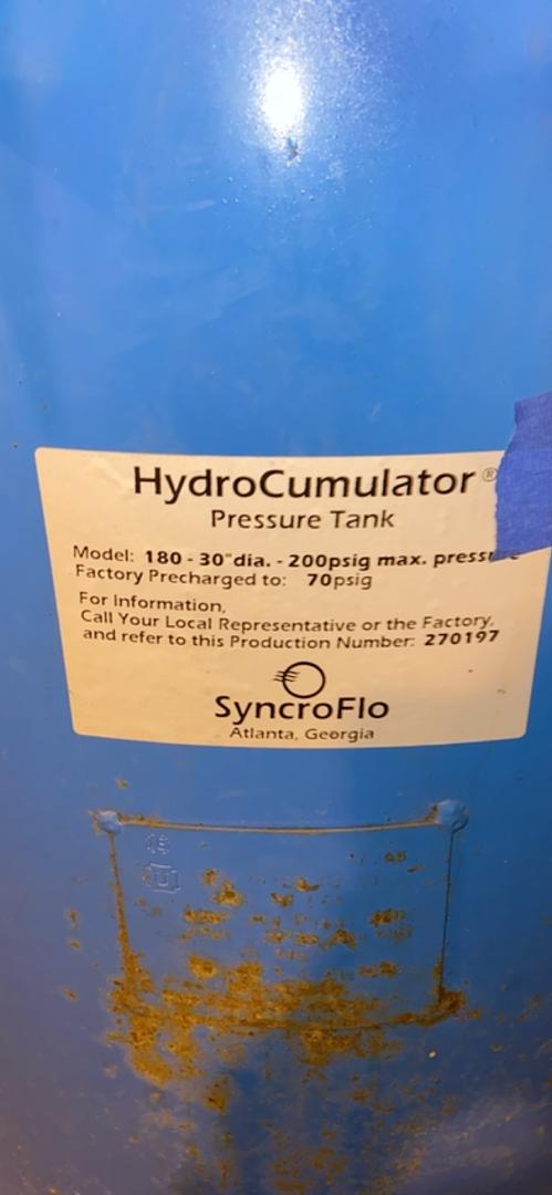 300 Gal Pressure Tank HydroCumulator SyncroFlo 180 30"dia 200PSIG(S6LLST3701)