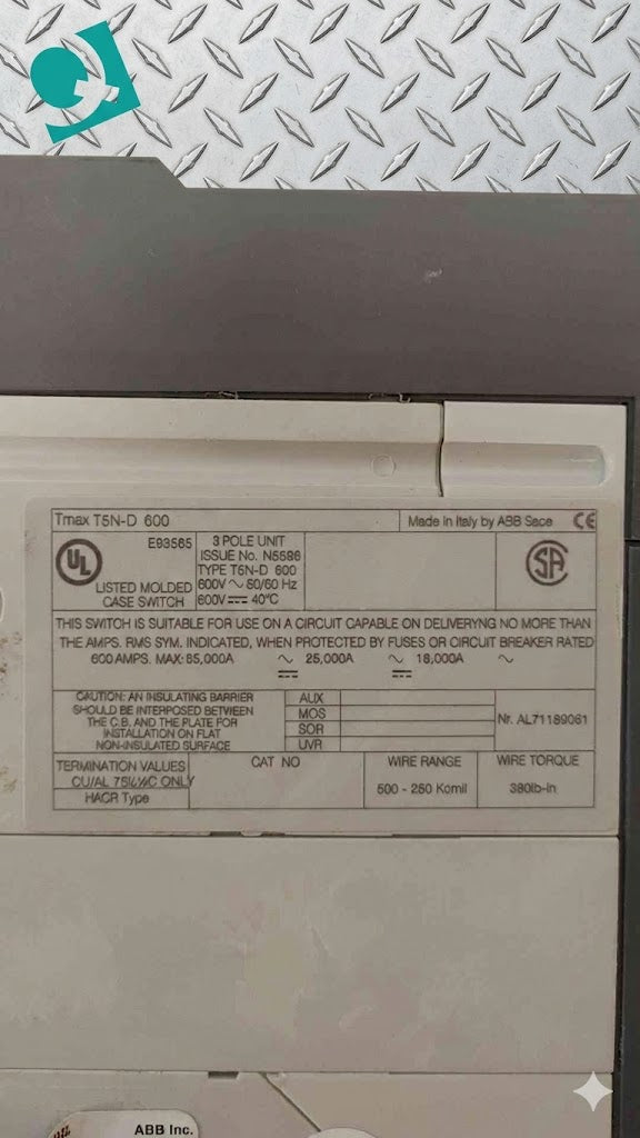 ABB Save Tmax 600A T5N-D 3 Pole Circuit Breaker (108592)