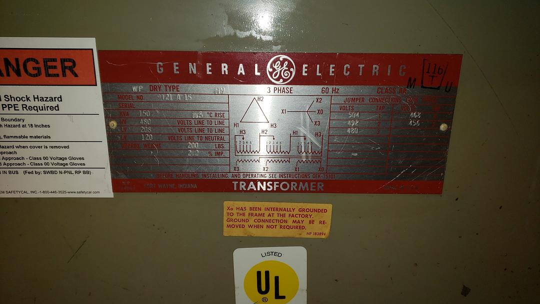 15KVA GE TRANSFORMER 480v x 120/208 Dry Type(S6LLST10629)