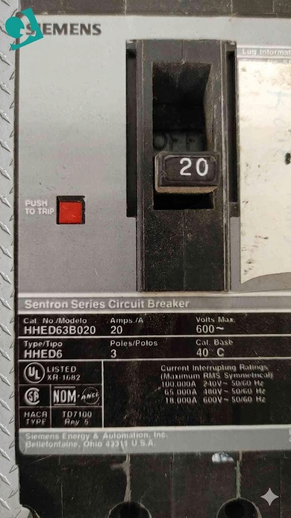 Siemens 20A 3 Pole Circuit Breaker 600VAC HHED63B020(104791)