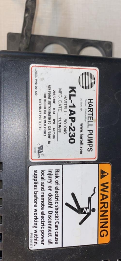 Hartell Pump KL-1AP-230 Low Profile Liebert AC(S6LLST7087)