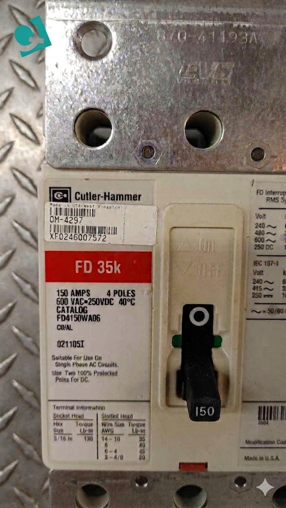 Cutler-Hammer 150A 4 Pole Circuit Breaker 600VAC 250VDC FD4150WA06(104742)