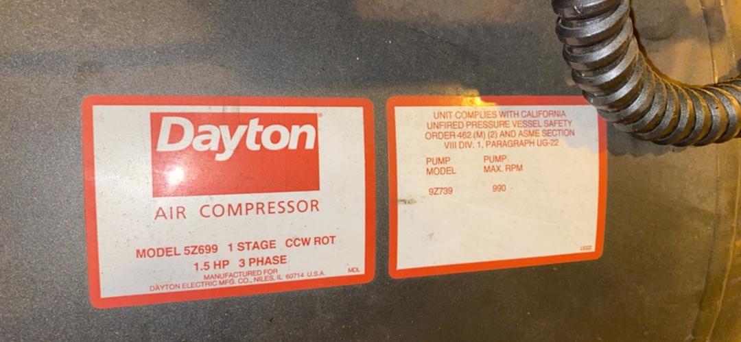 Dayton Air Compressor w 1.5HP MagneTek Motor 460v 60 Gal 5Z699(S6LLST3910)