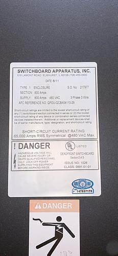 APC Switchgear 800A 3 Section 480V APC 4 Breaker PJ800(S6LLST9270)