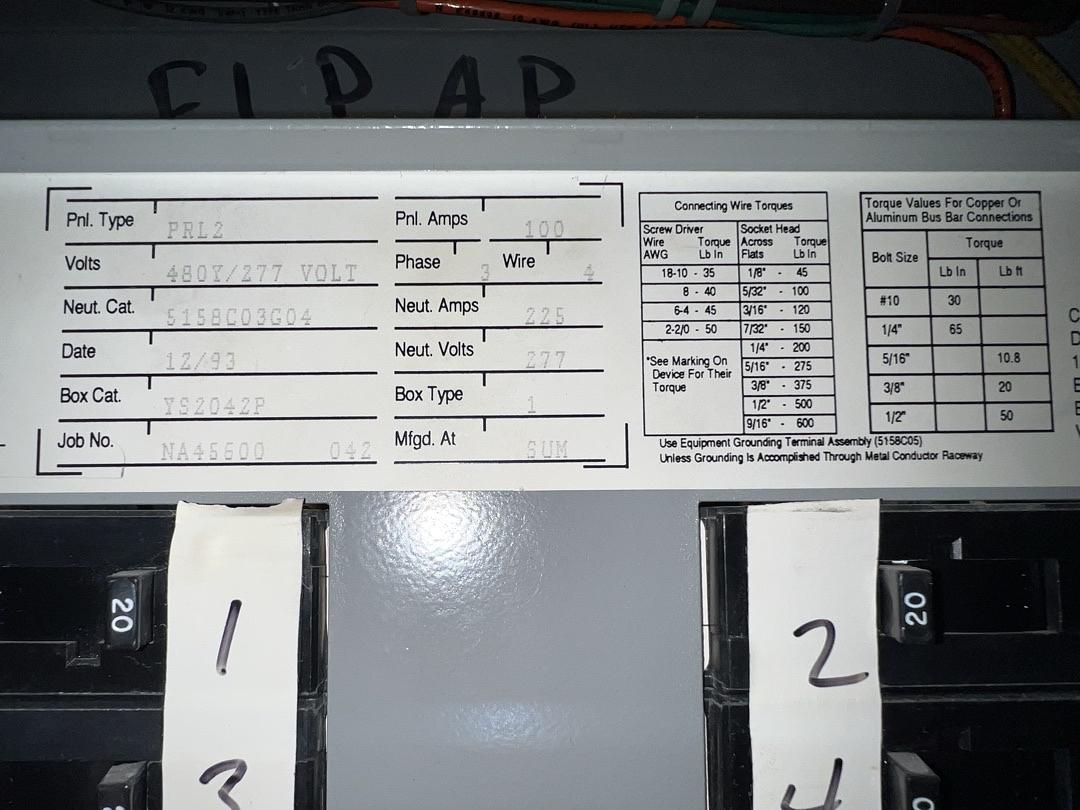 100A PRL2 480V, 277V Panelboard W/ Main & Breakers 36 ckt (SKU: 13331)(S6LLST13331)