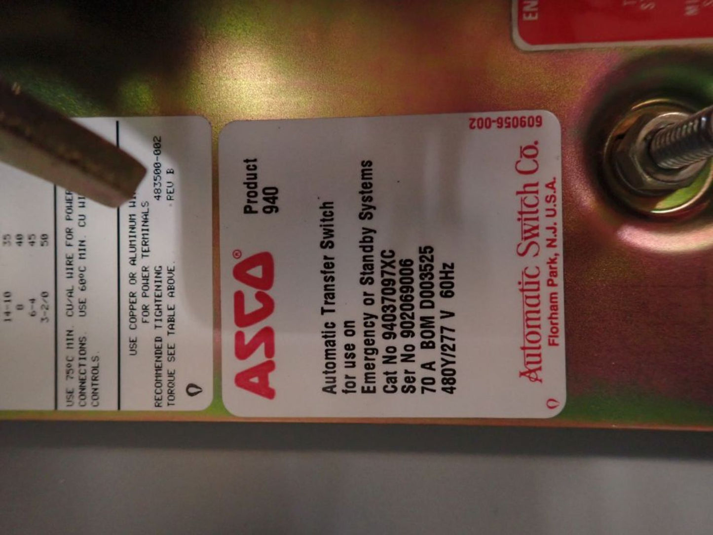 ASCO 70A ATS Transfer Switch 94037097XC 480Y/277V 940 Series