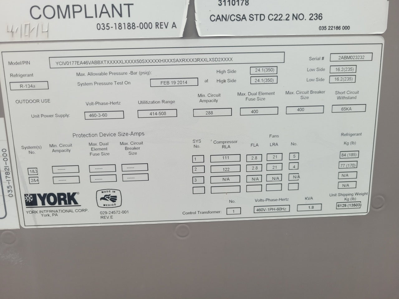 177 Ton YCIV York Air Cooled Chiller