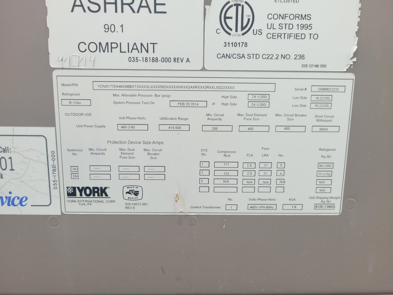 177 Ton YCIV York Air Cooled Chiller