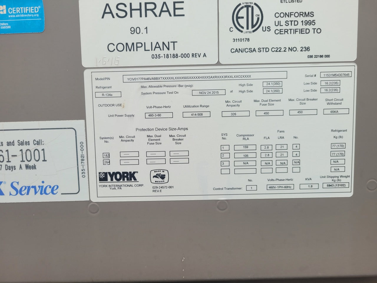 177 Ton YCIV York Air Cooled Chiller