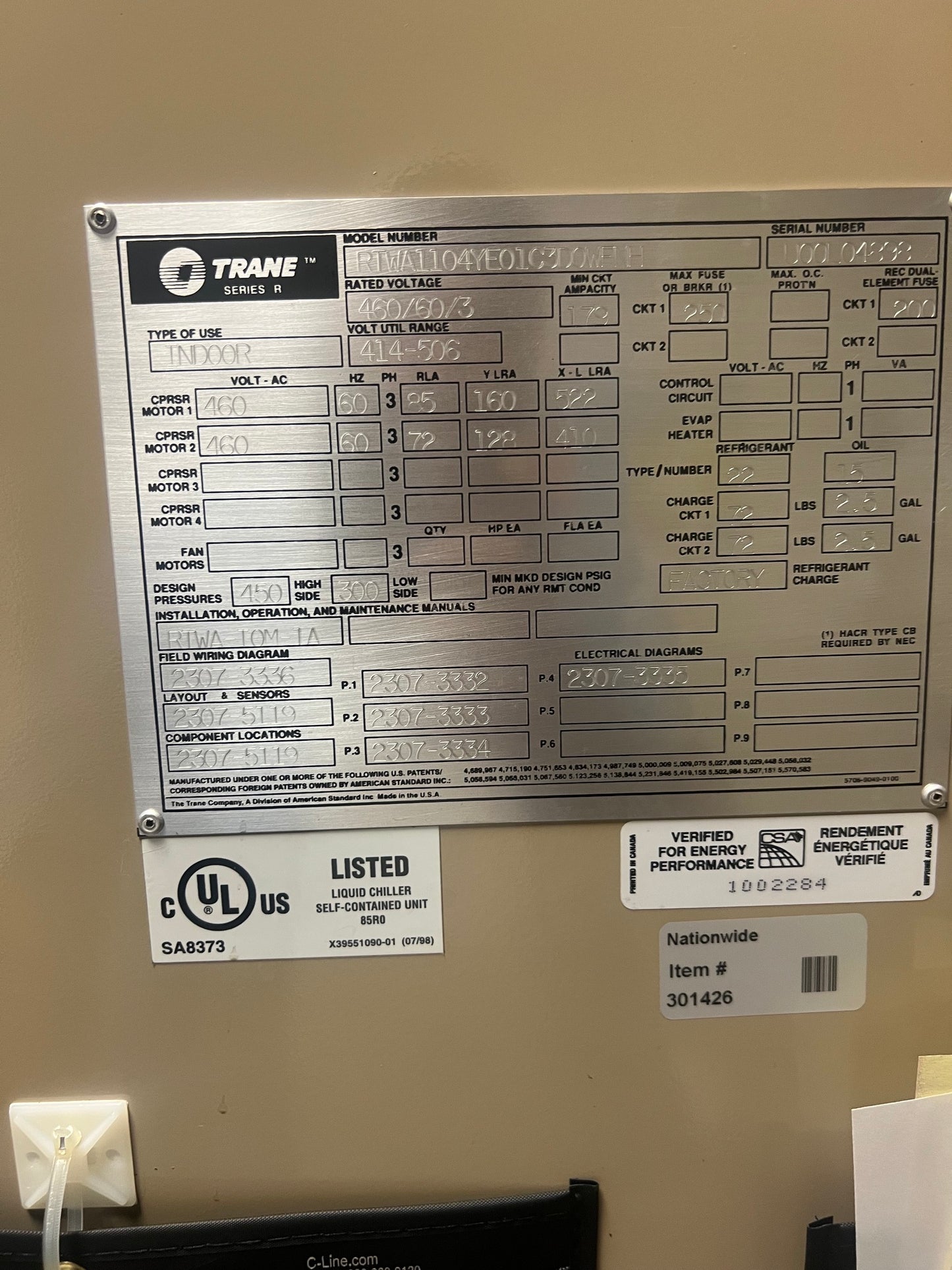 Trane RTWA 110 Series R Rotary Liquid Chiller 110 Ton 460V 3PH Water Cooled