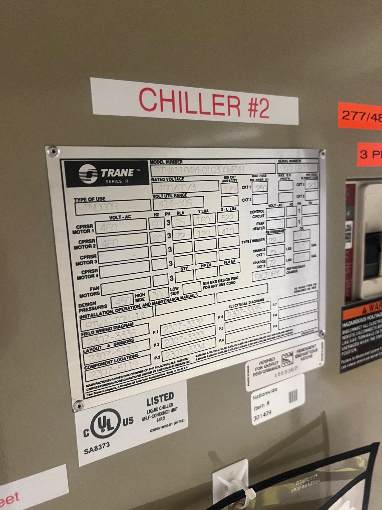 Trane RTWA 110 Series R Rotary Liquid Chiller 110 Ton 460V 3PH Water Cooled