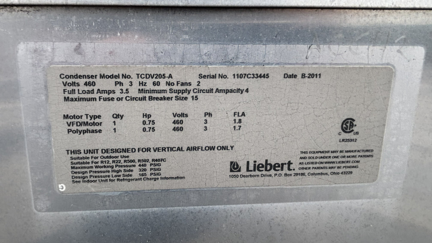 Liebert TCDV205-A Outdoor Air Cooled Condenser 2-Fan 460V 3PH Data Center