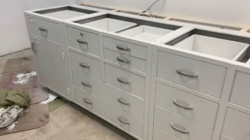 Freshly Painted (outside only) Lab Furniture Overheads & Benches BY LINEAR FOOT(100377)