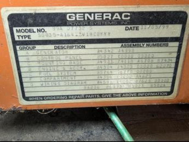 35KW Generac 99-A07732-S Nat Gas LP Generator 1PH '99 TESTED