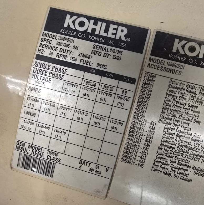 1000KW Kohler MTU Detroit 1000ROZDR Diesel Generator 3ph 277/480 70 & 300 Hrs '03 Series 2000