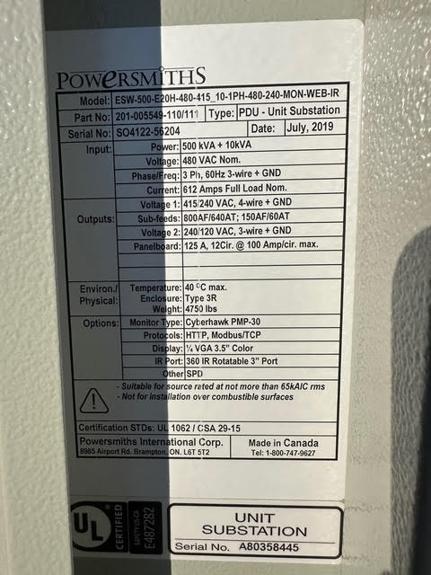 500KVA Powersmiths ESW-500-E20H-480-415 Transformer 480V 120/240