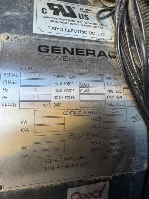 Generac Hino 500kW Diesel Standby Generator 3PH 500Hrs LX-H 61A '02