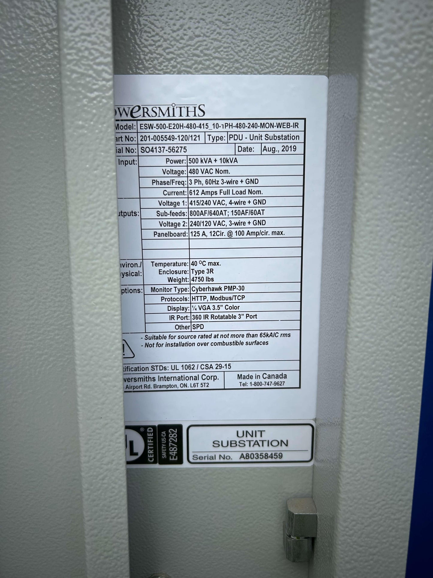 500KVA Powersmiths ESW-500-E20H-480-415 Transformer 480V 120/240