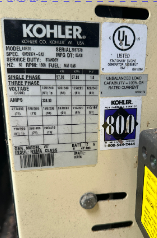 AS-IS 57KW Kohler 60RZG '06 Nat Gas LP Generator 1ph 120/240V 238A 370 Hrs(SKU: 110360)