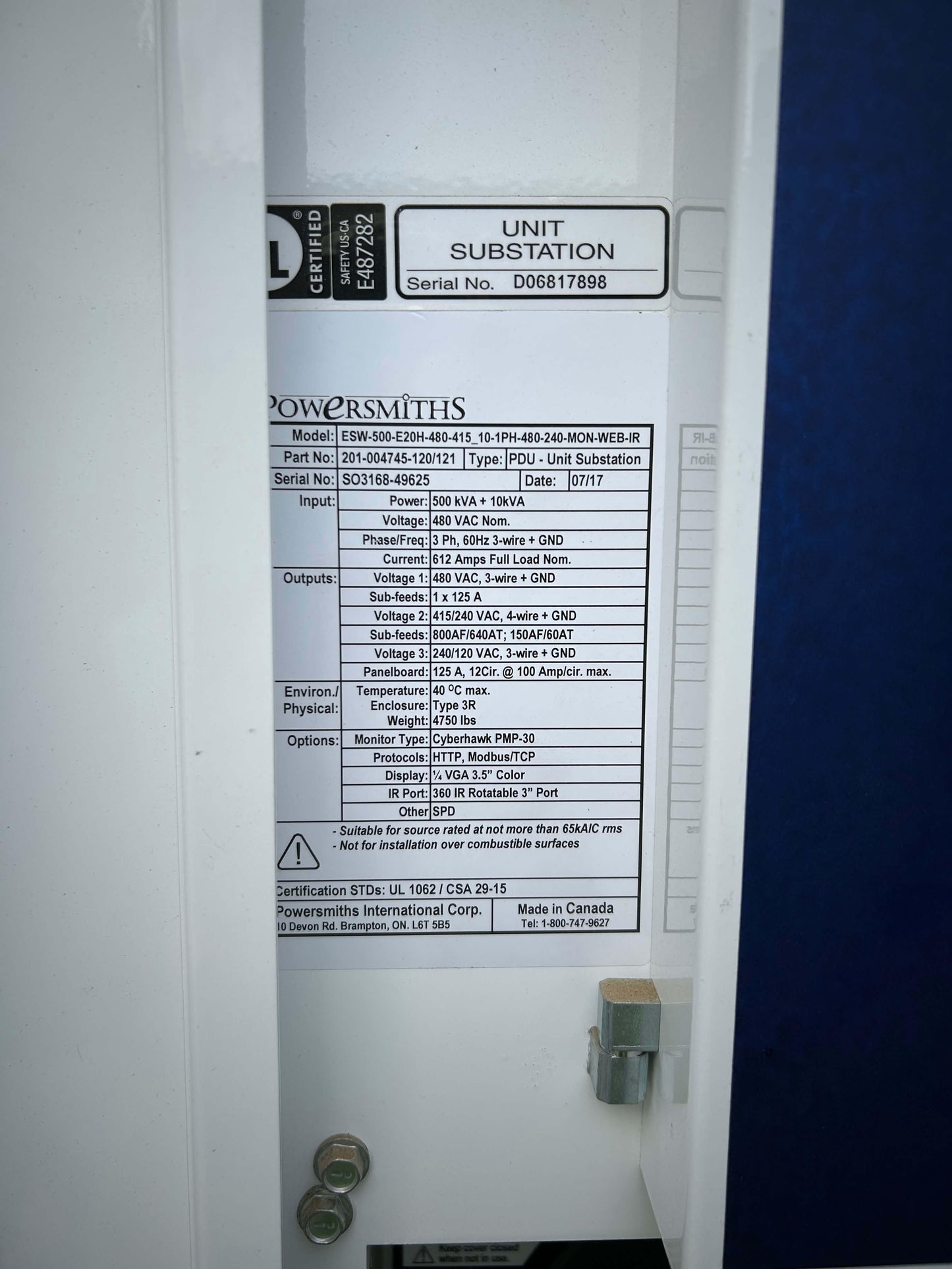 500KVA Powersmiths ESW-500-E20H-480-415 Transformer 480V 120/240