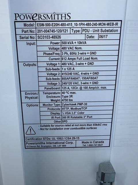 500KVA Powersmiths ESW-500-E20H-480-415 Transformer 480V 120/240